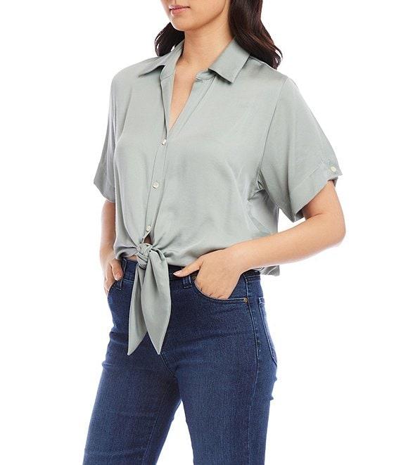 Karen Kane Soft Satin Point Collar Short Sleeve Tie Front Top Product Image