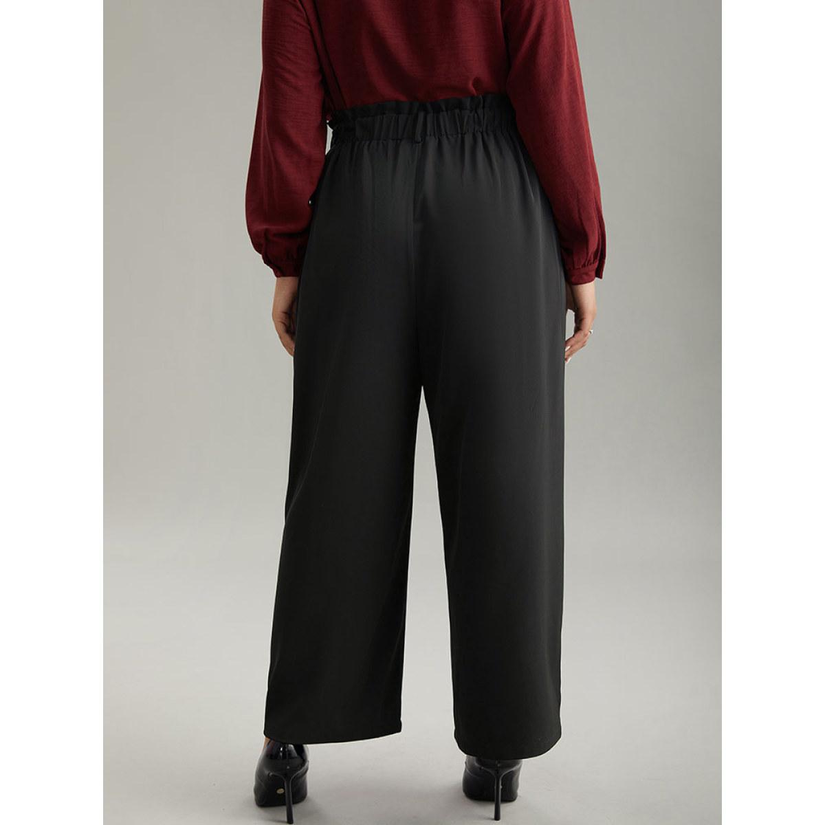 Plus Size Static-Free Solid Glitter Buckle Detail Belted Pants Women Black Office Straight Leg High Rise Office Pants BloomChic 22-24/3X Product Image