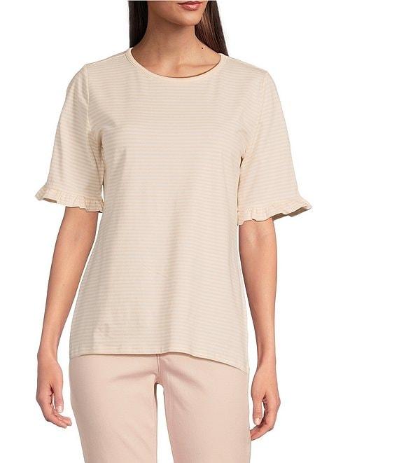 Jones New York Feeder Stripe Crew Neck Ruffled Elbow Sleeve Tee Product Image