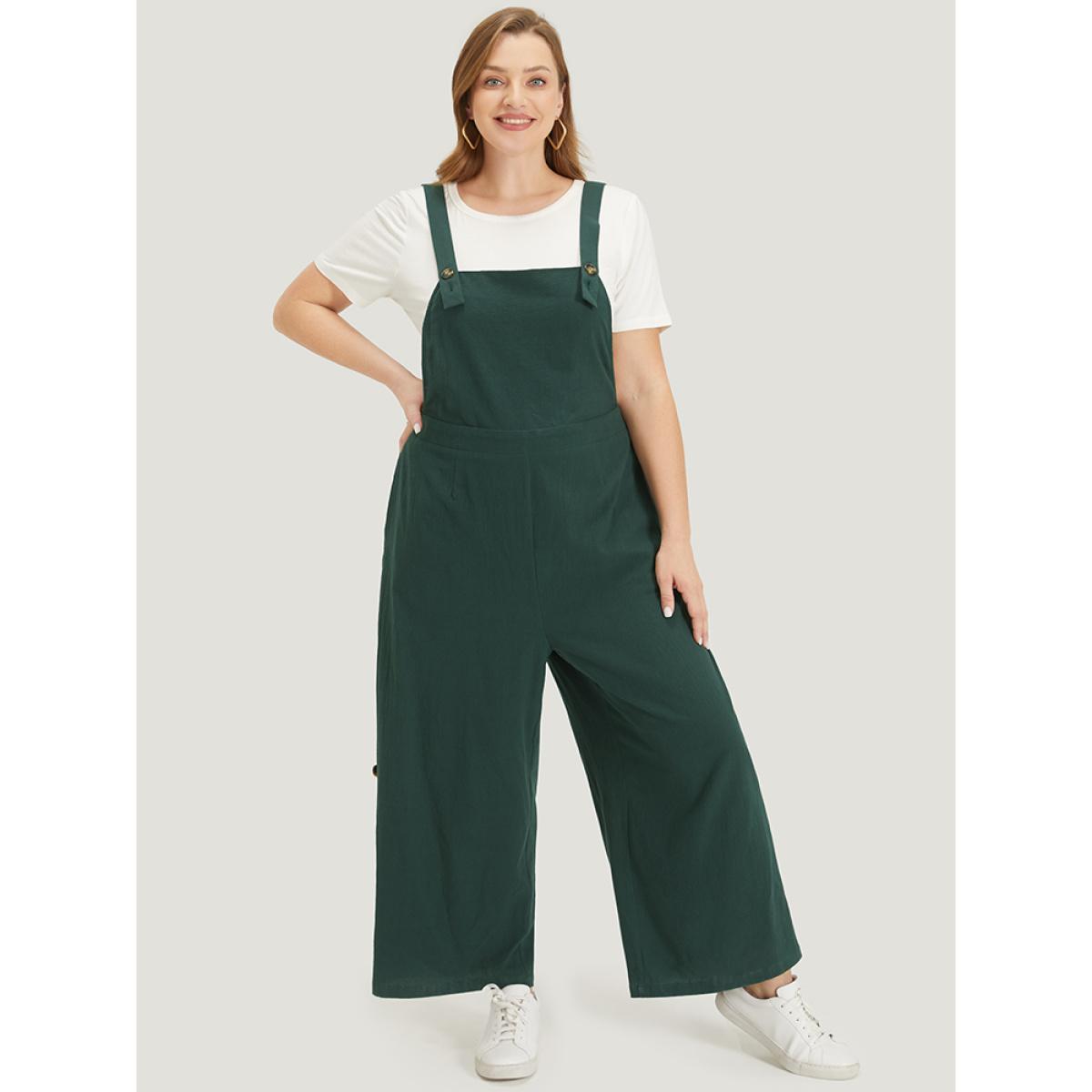 Plus Size Cyan Solid Button Detail Pocket Adjustable Straps Cami Jumpsuit Women Casual Sleeveless Square Neck Dailywear Loose Jumpsuits BloomChic 28/5X Product Image