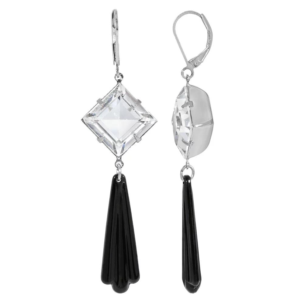 1928 Silver Tone Crystal & Black Beaded Stone Drop Earrings, Women's Product Image