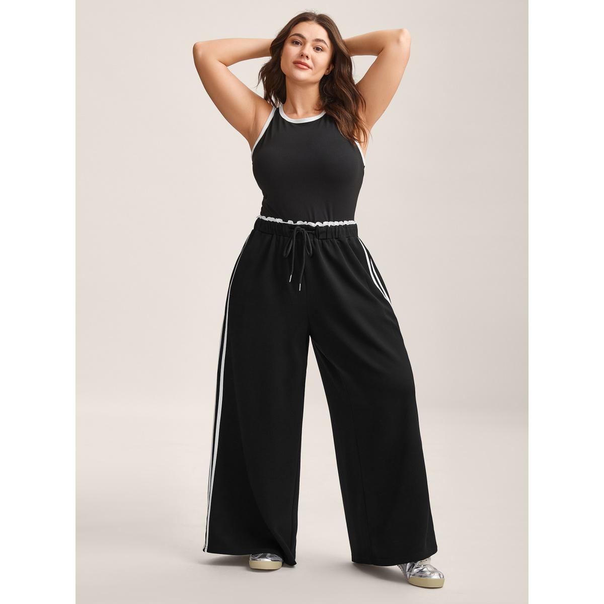 Plus Size Contrast Lines Drawstring Wide-Leg Pants Women Black Casual Wide Leg Mid Rise Everyday-Casual Pants BloomChic 30/6X Product Image