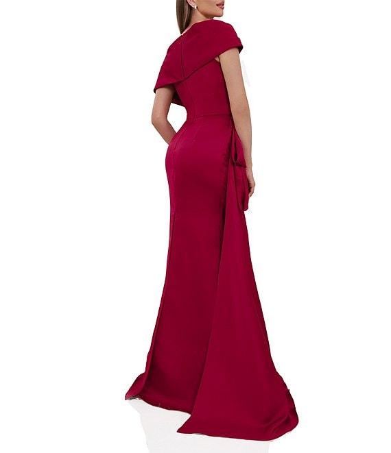 Terani Couture Satin Off The Shoulder Neck Short Sleeve Front Rhinestone Drape Gown Product Image