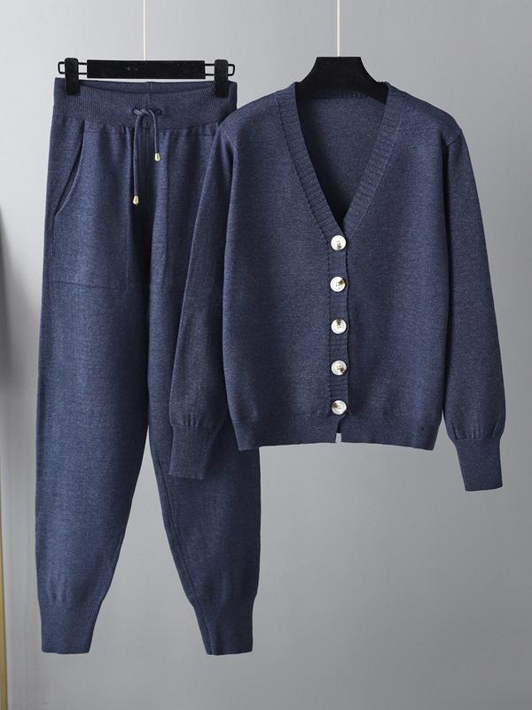 Casual Loose Solid Color V-Neck Cardigan Tops & Harem Pants Two Pieces Set Product Image