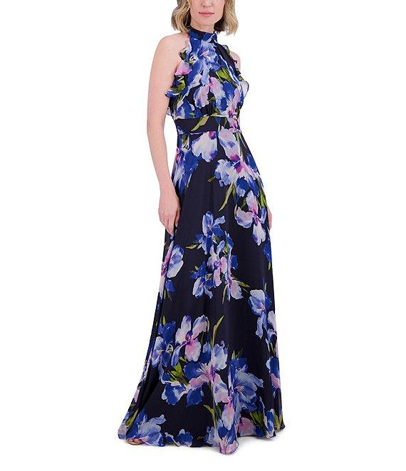 Eliza J Chiffon Floral Print Halter Neck Sleeveless Ruffle Maxi Dress Product Image