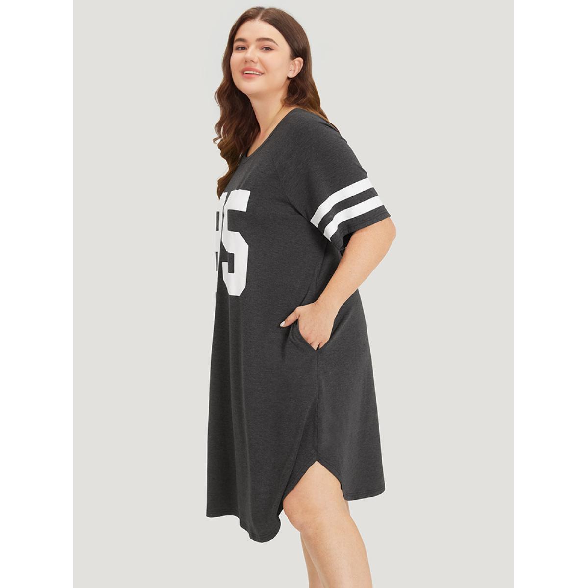 Plus Size Number Print Pocket Curved Hem Dress DimGray Women Casual Plain Curvy Midi Dress BloomChic 26/4X Product Image