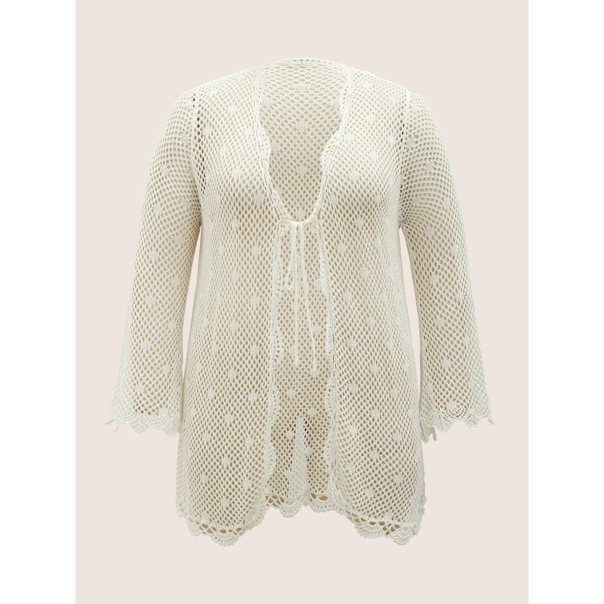Plus Size Pointelle Knit Ties Lace Panel Bell Sleeve Cardigan Ivory Women Everyday Casual Cover Ups Bloomchic 28/5X Product Image