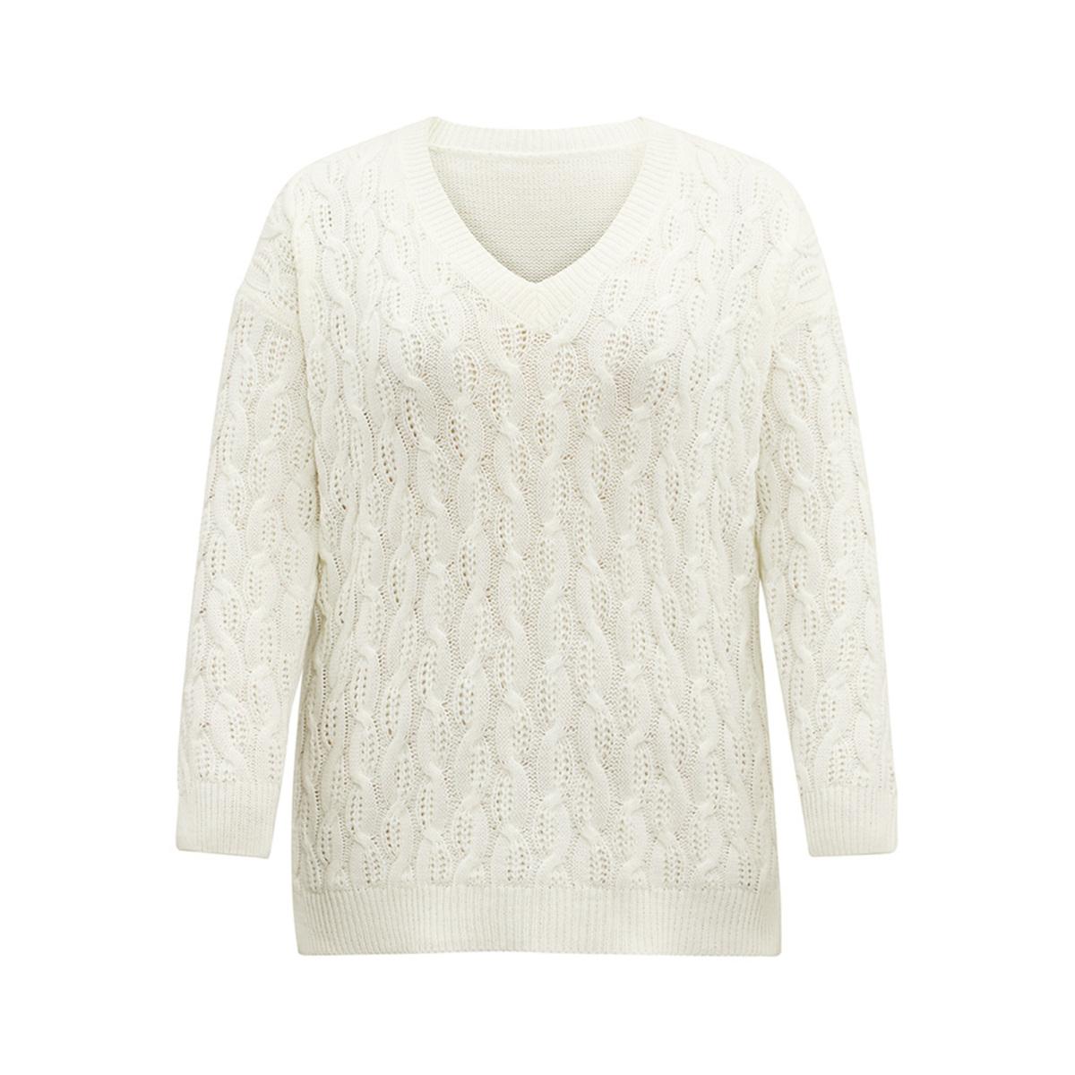 Plus Size Plain V Neck Cable Knit Split Side Pullover Ivory Women Casual Loose Long Sleeve V-neck Dailywear Pullovers BloomChic 30/6X Product Image