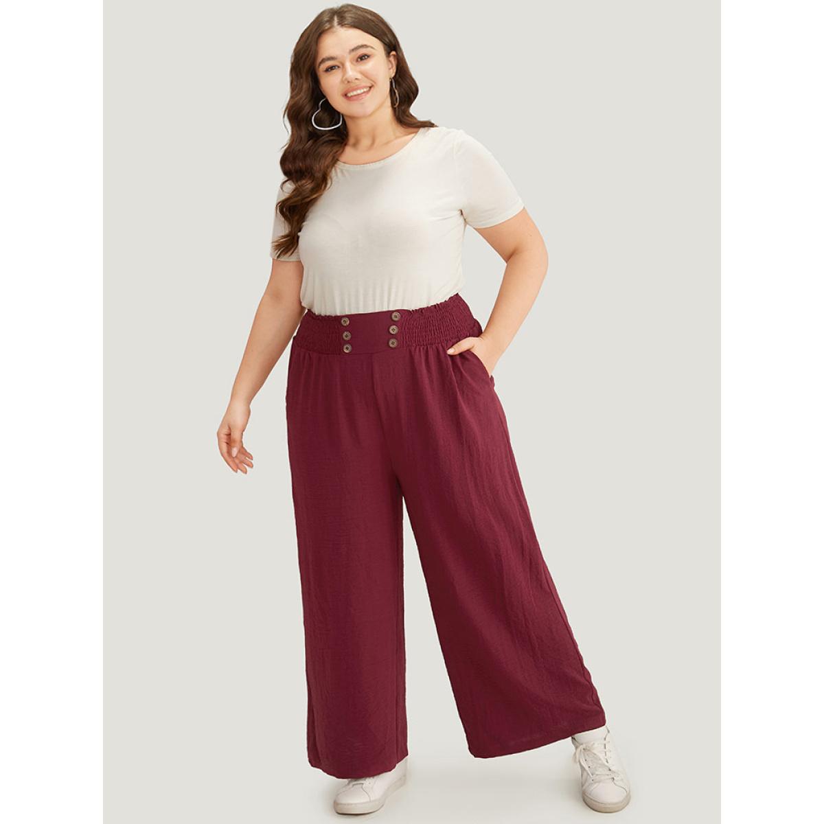 Plus Size Button Detail Shirred Wide Leg Pants Women Burgundy Glamour Wide Leg High Rise Going out Pants BloomChic 10/M Product Image