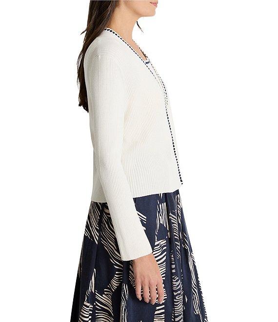 NIC + ZOE Rib Knit Novelty Trim Open Front Long Sleeve Cardigan Product Image