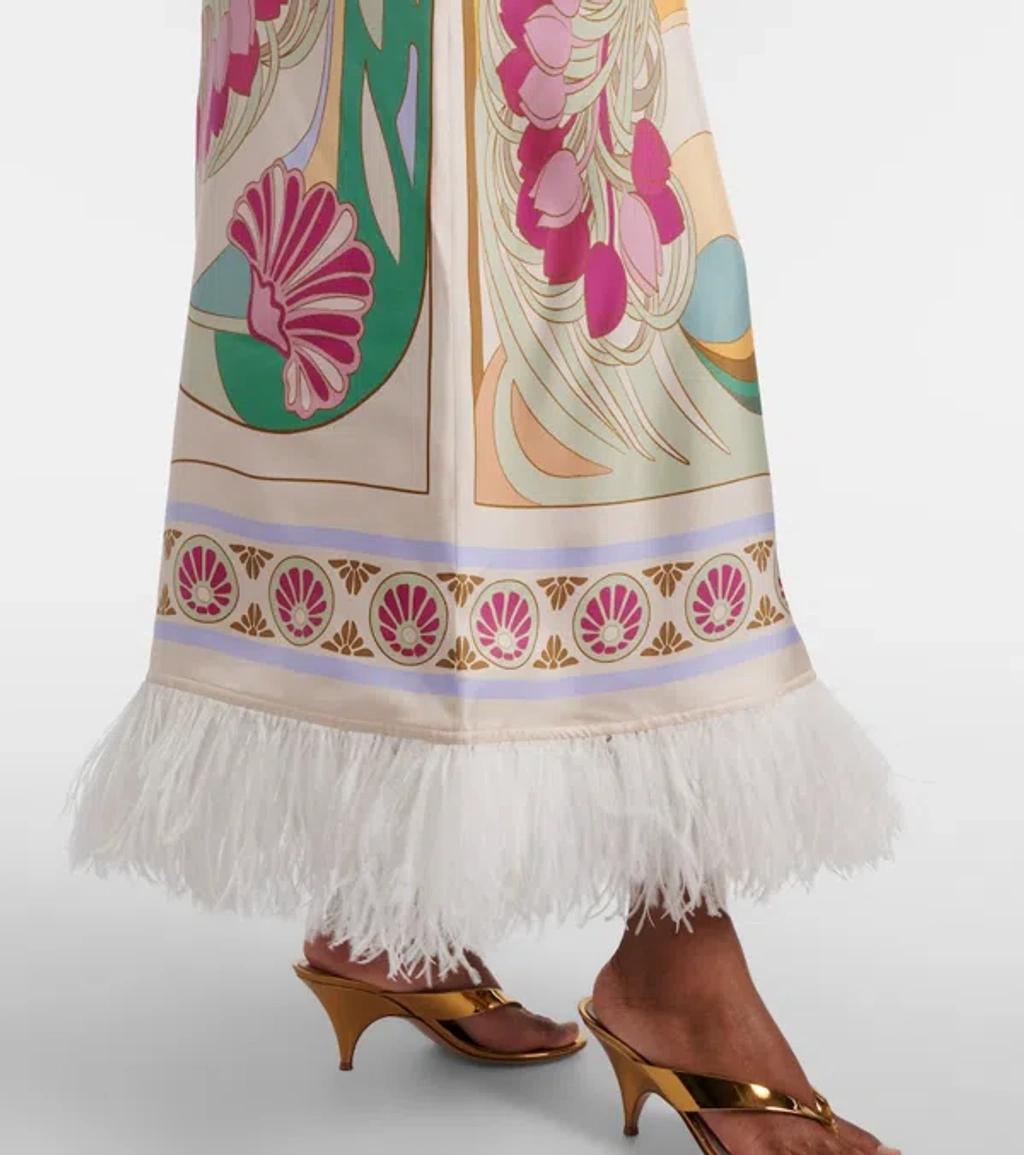 LA DOUBLEJ Swing Feather-trimmed Silk Twill Maxi Dress In Multi Product Image