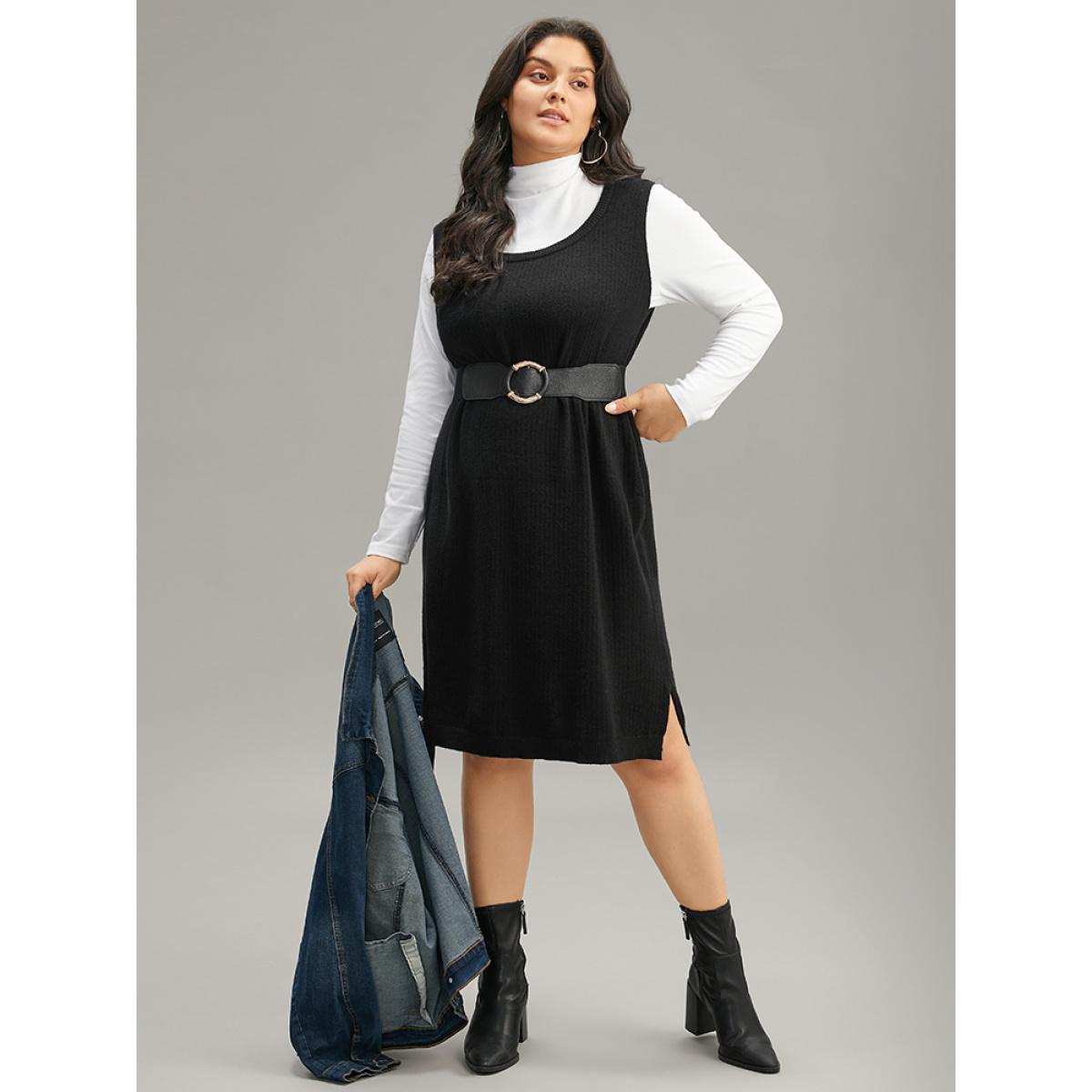 Plus Size Supersoft Essentials Anti-Pilling Shoulderless Sweater Dress Black Women Casual Loose Long Sleeve Everyday Sweater Dresses BloomChic 12/L Product Image