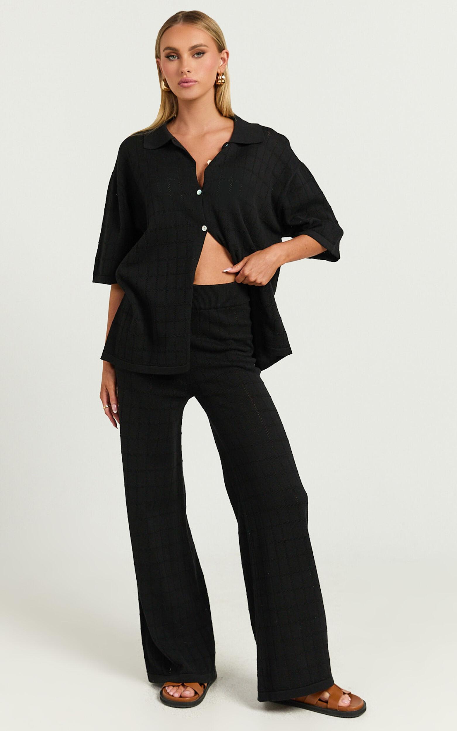 Tommy Two Piece Set - Knit Button Through Top and Pants Two Piece Set in Black Product Image