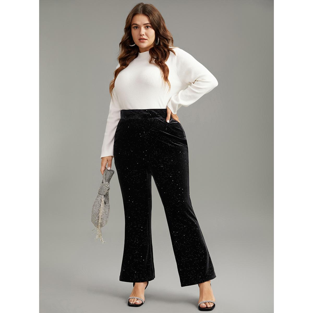 Plus Size Velvet Glitter Patchwork Pocket Flare Leg Pants Women Black Glamour Flare Leg High Rise Festival-Christmas Pants BloomChic 22-24/3X Product Image