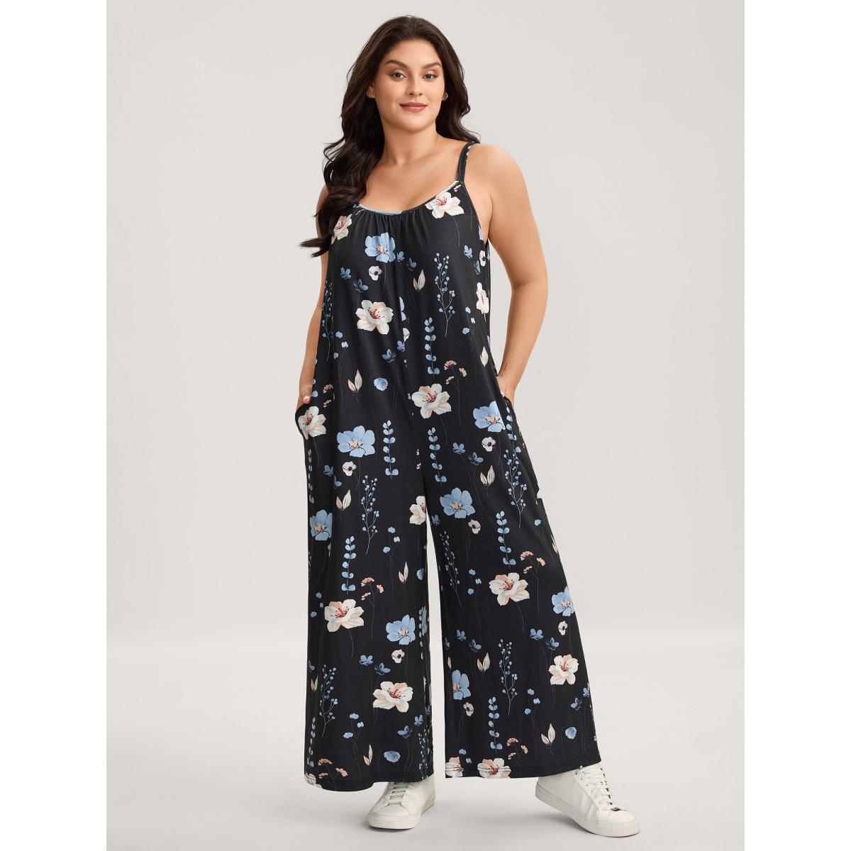 Plus Size Black Stretchy Lined Floral Print Cami Jumpsuit Women Leisure Sleeveless V-neck Casual Loose Jumpsuits BloomChic 26/4X Product Image