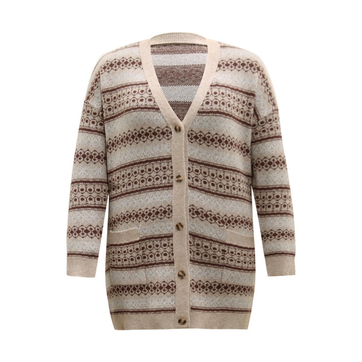 Plus Size Supersoft Essentials Geometric Pocket Jacquard Cardigan Tan Women Casual Loose Long Sleeve Everyday Cardigans BloomChic 14-16/1X Product Image