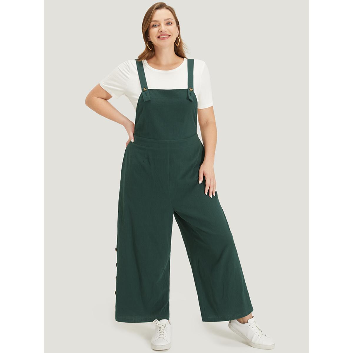 Plus Size Cyan Solid Button Detail Pocket Adjustable Straps Cami Jumpsuit Women Casual Sleeveless Square Neck Dailywear Loose Jumpsuits BloomChic 28/5X Product Image