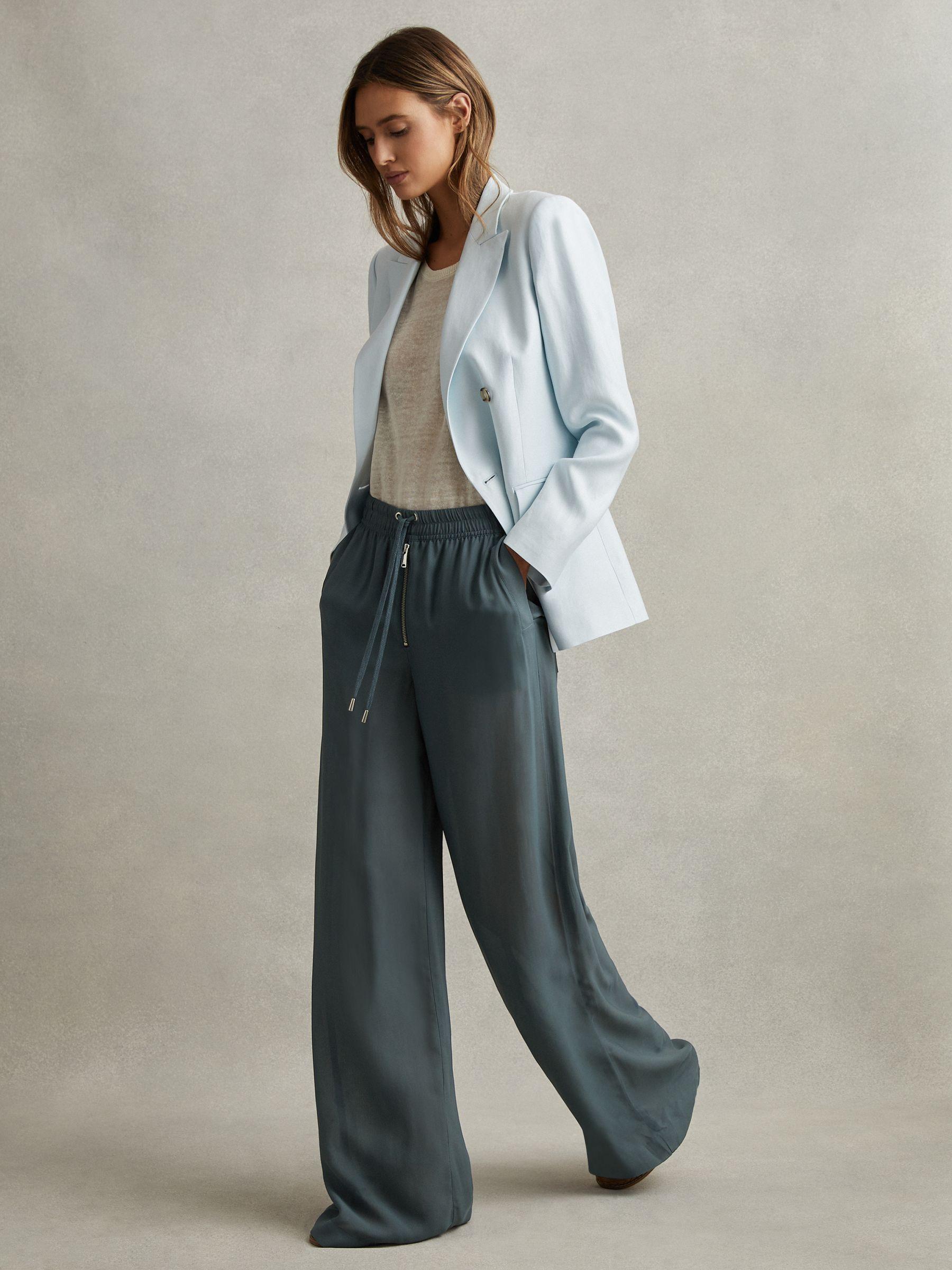 Drawstring Zip-Front Wide Leg Trousers in Blue Product Image