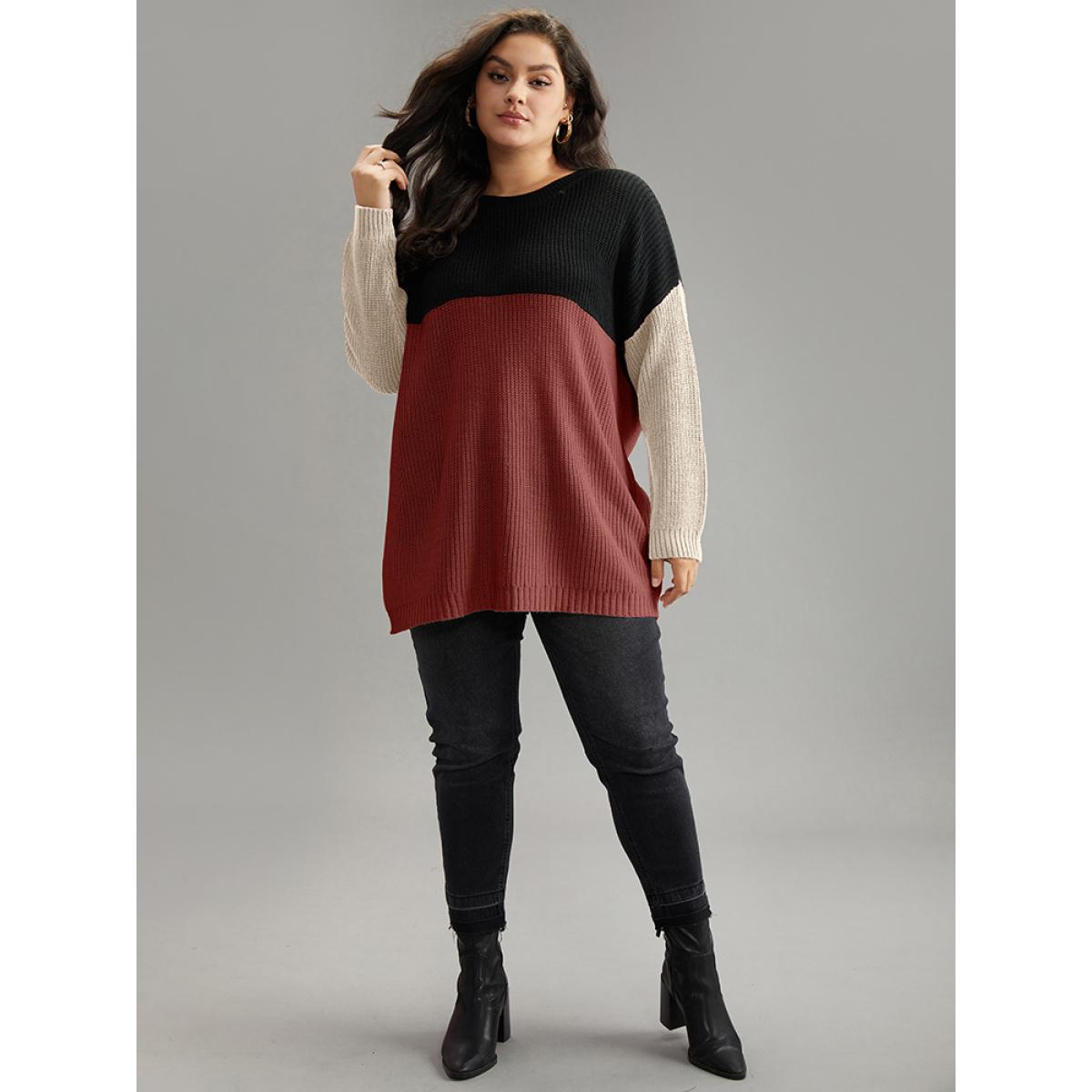 Plus Size Colorblock Contrast Crew Neck Pullover Rust Women Casual Loose Long Sleeve Round Neck Dailywear Pullovers BloomChic 28/5X Product Image