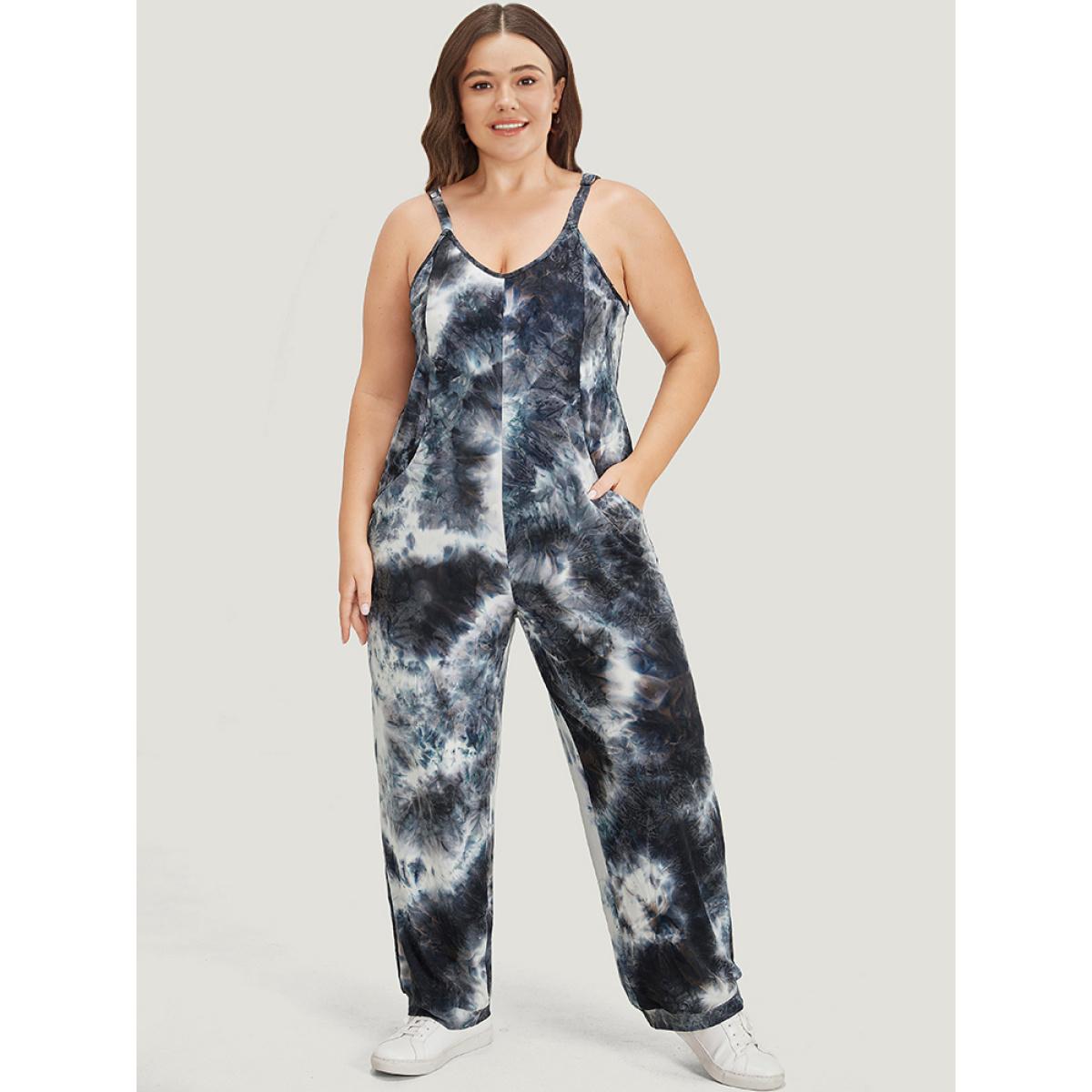 Plus Size Black Tie Dye Pocket Patchwork Cami Jumpsuit Women Casual Sleeveless Spaghetti Strap Dailywear Loose Jumpsuits BloomChic 14-16/1X Product Image