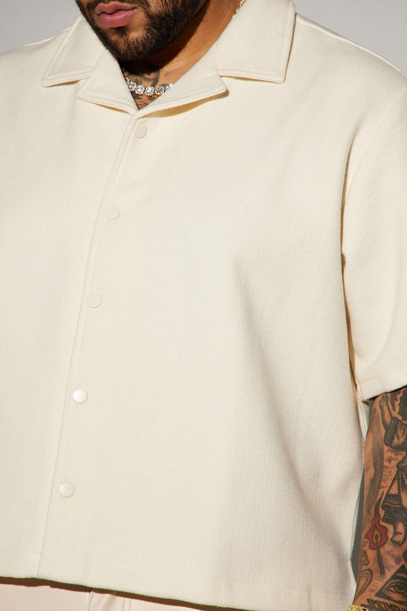 Wilder Textured Weave Cropped Button Up Shirt - Cream Product Image
