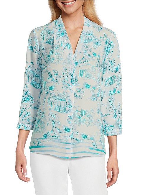 Investments Caroline Signature Capri Breeze Painted Toile V-Neck 3/4 Sleeve Button Front Blouse Product Image