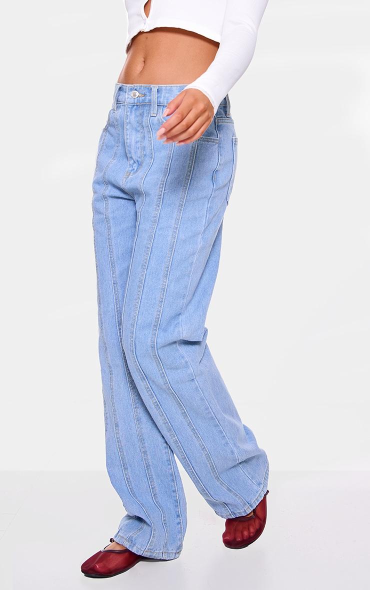 Light Blue Wash Panelled Seam Detail Straight Leg Jeans Product Image