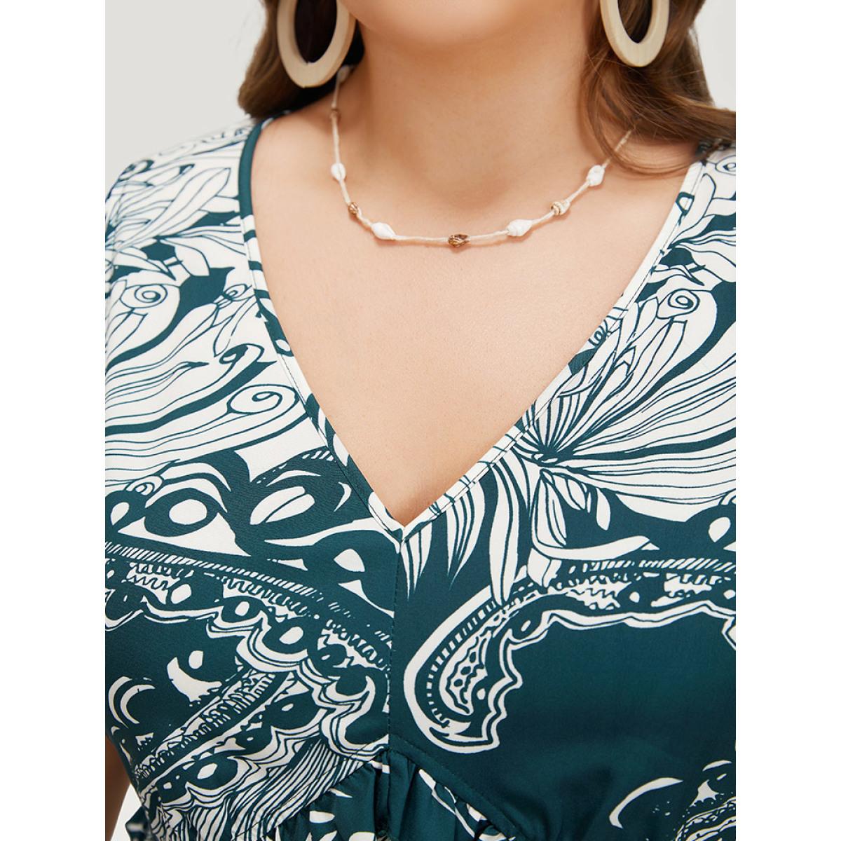 Plus Size Floral Print Sleeveless Pocket V Neck Frill Trim Dress DarkBlue Women Elegant Ruffles V-neck Sleeveless Curvy Midi Dress BloomChic 12/L Product Image