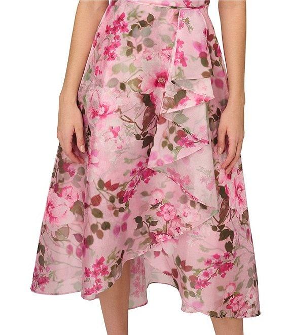 Adrianna Papell Floral Printed Organza One Shoulder Sleeveless Ruffle Front Hi-Lo Dress Product Image