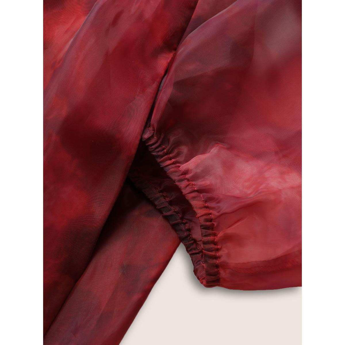 Plus Size Pixel Flower Mesh Gathered Lantern Sleeve Dress RedViolet Women Elegant Non V-neck Elbow-length sleeve Curvy Midi Dress BloomChic 10/M Product Image