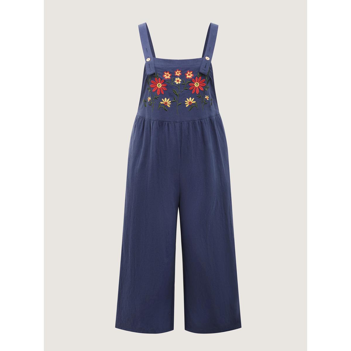 Plus Size DarkBlue Pure Cotton Floral Embroidery Overall Jumpsuit Women Leisure Sleeveless Square Neck Casual Loose Jumpsuits BloomChic 26/4X Product Image