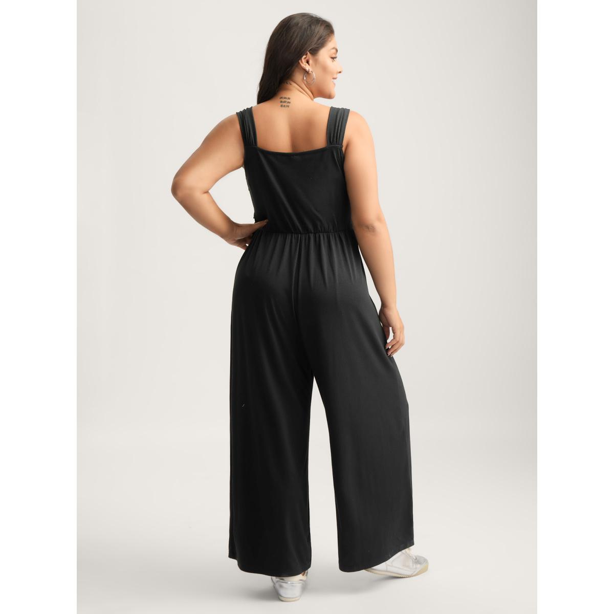 Plus Size Black Overlap Bodice Wide Straps Jumpsuit Women Sleeveless Overlap Collar Everyday-Casual Loose Jumpsuits BloomChic 28/5X Product Image