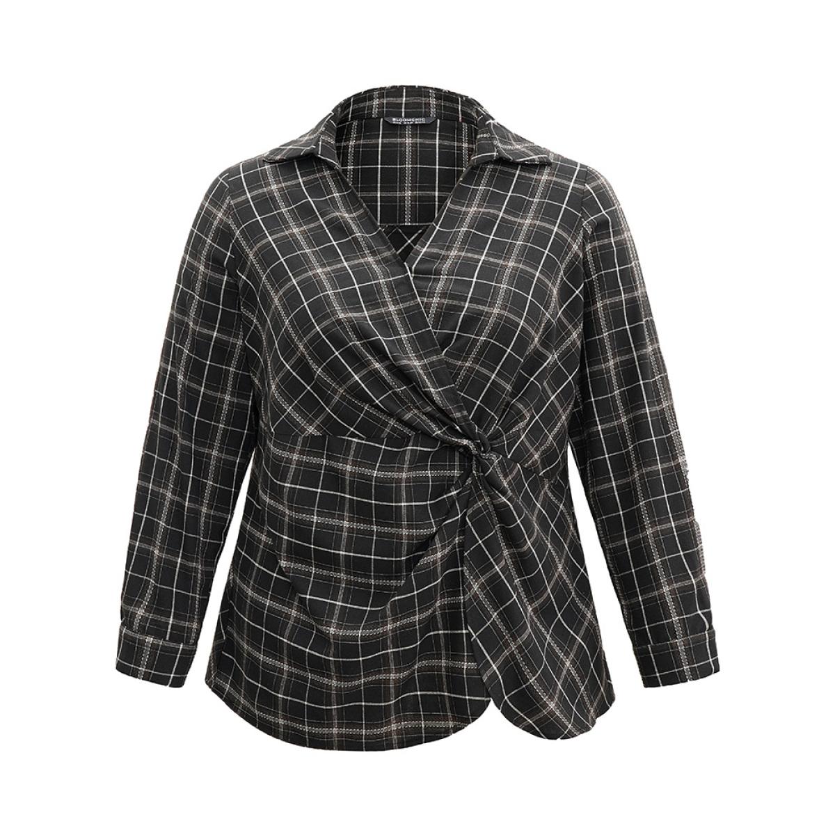 Plus Size Black Plaid Shirt Collar Twist Front Blouse Women Office Long Sleeve Shirt collar Work Blouses BloomChic 12/L Product Image