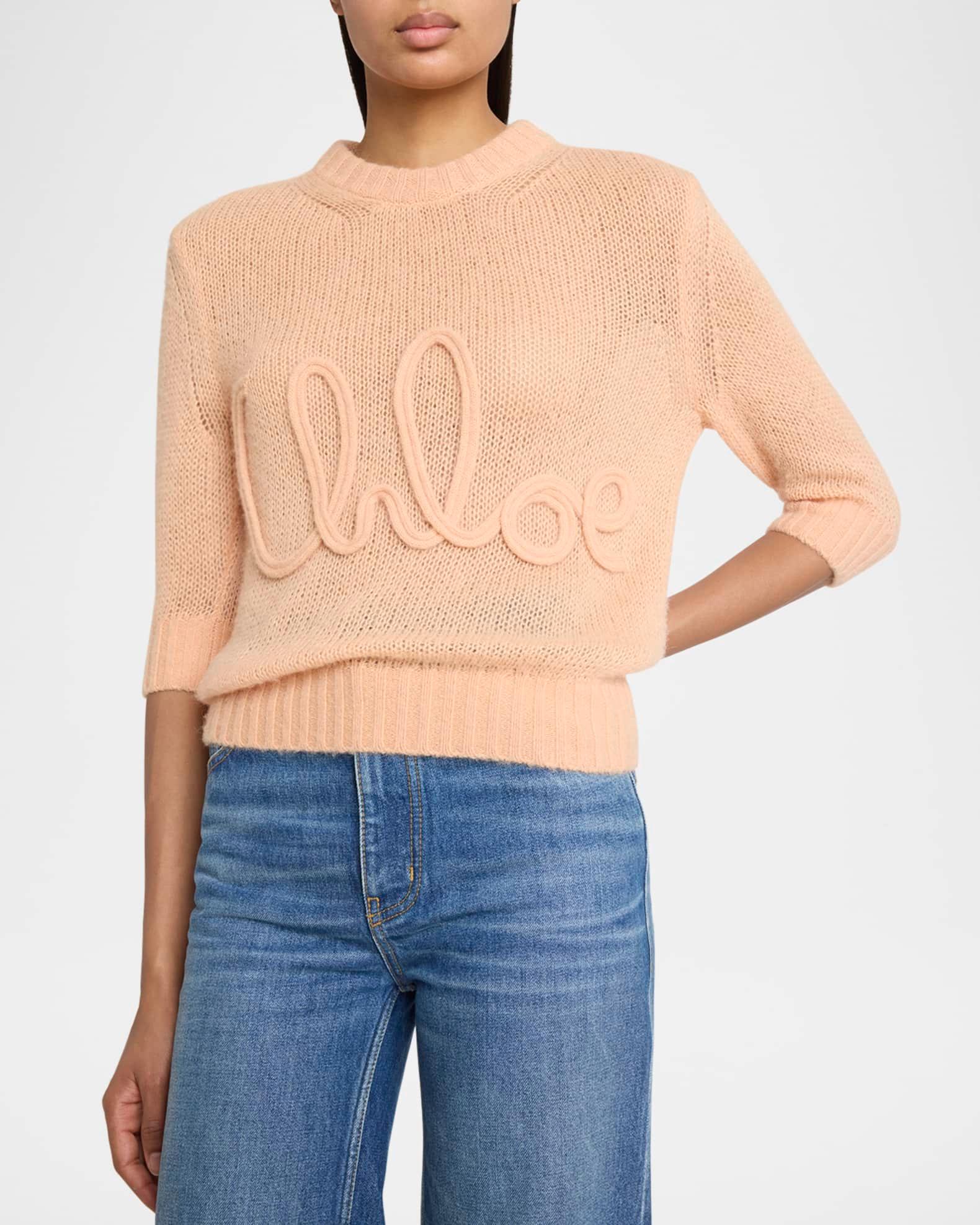 Logo Embroidered Open-Knit 3/4-Sleeve Sweater Product Image