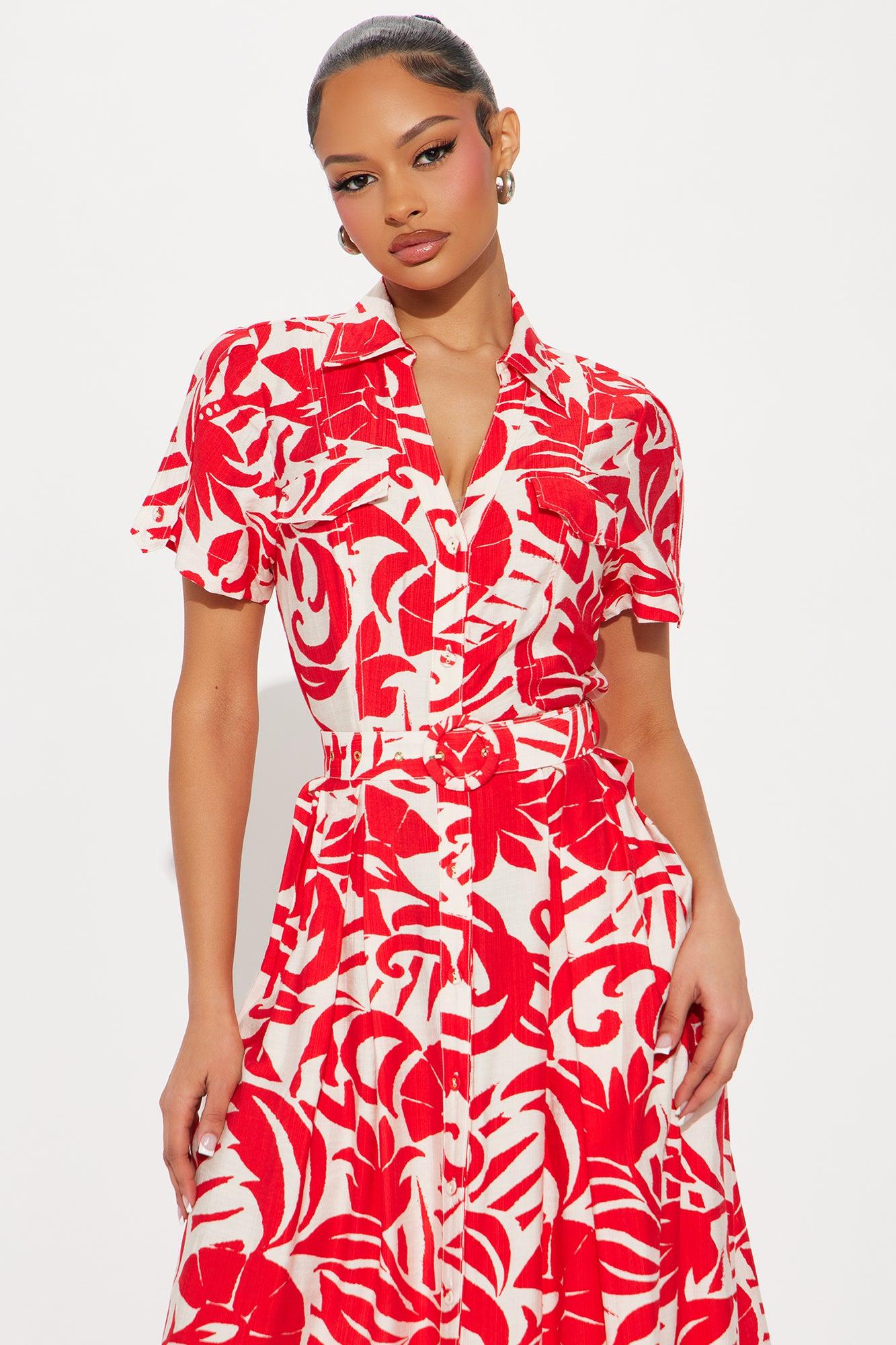 Out Of Office Printed Maxi Shirt Dress - Red/combo Product Image