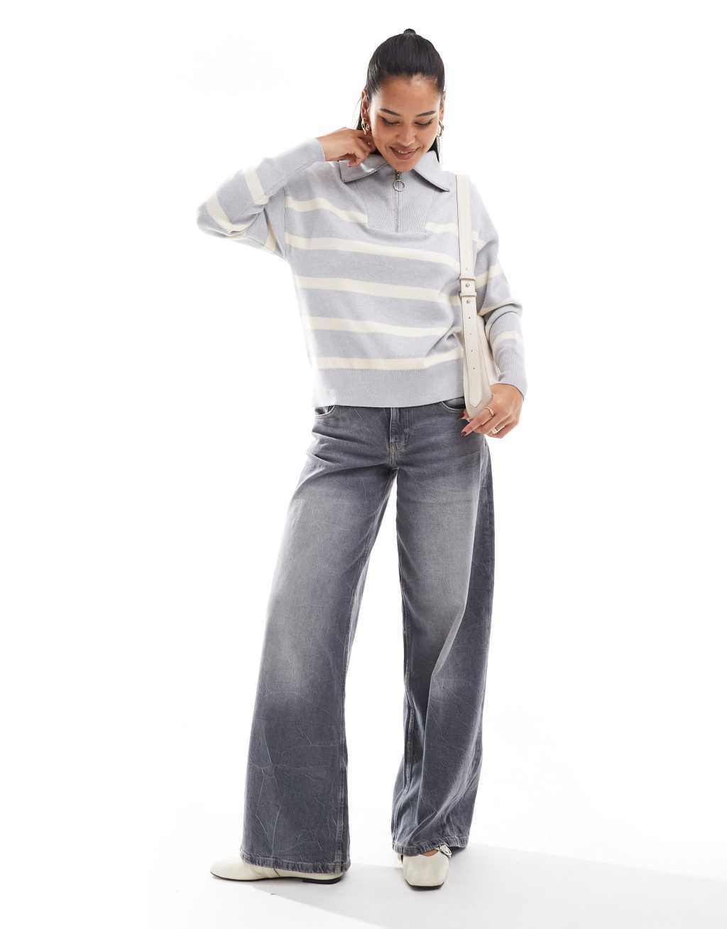 Vero Moda zip through sweater in light gray with cream stripes Product Image