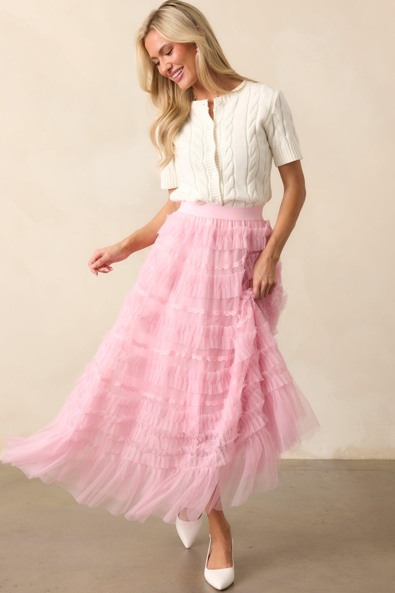 Walk In The Garden Light Pink Ruffle Tulle Midi Skirt Product Image