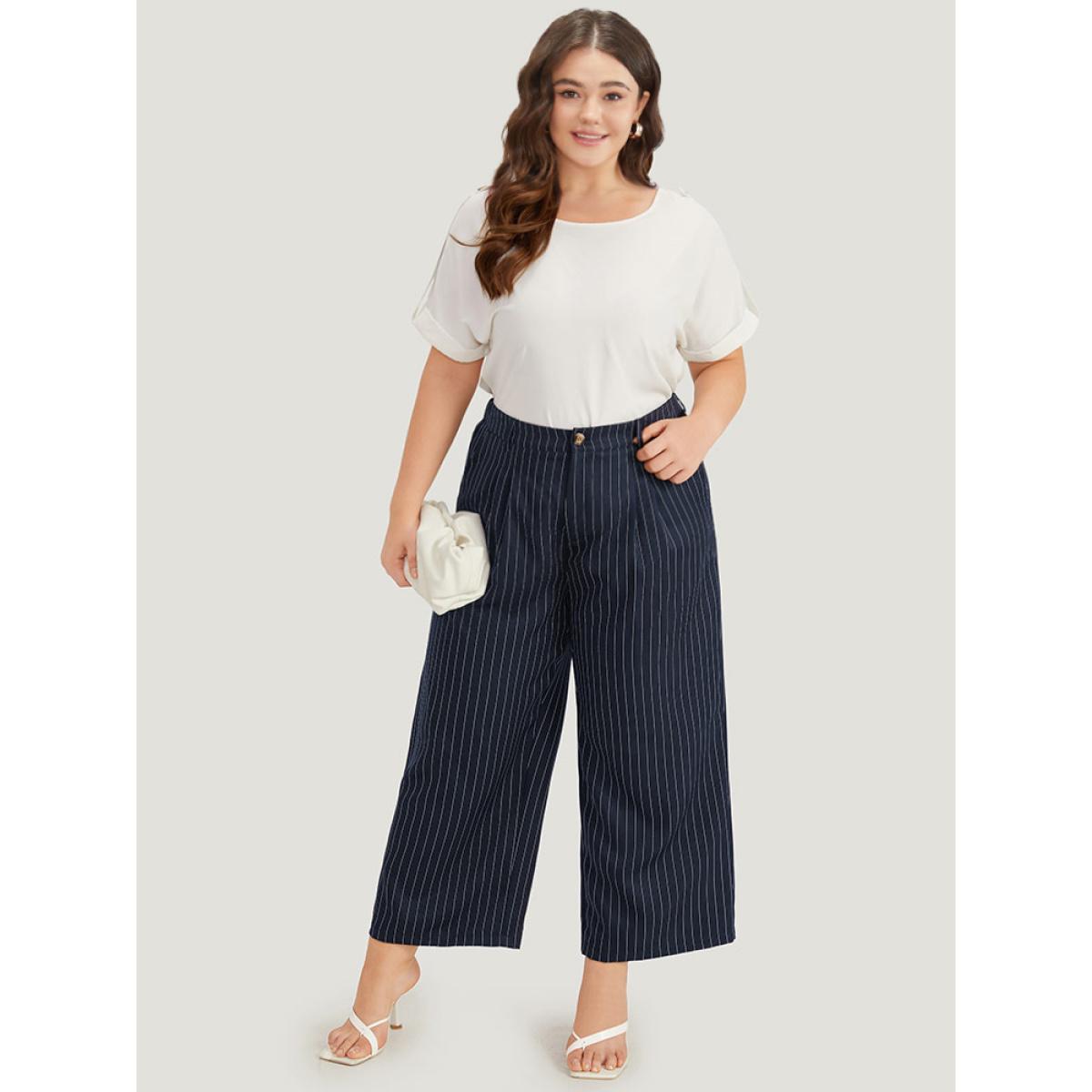 Plus Size Striped Pocket Loose Pleated Button Fly Pants Women Indigo At the Office Straight Leg High Rise Work Pants BloomChic 12/L Product Image