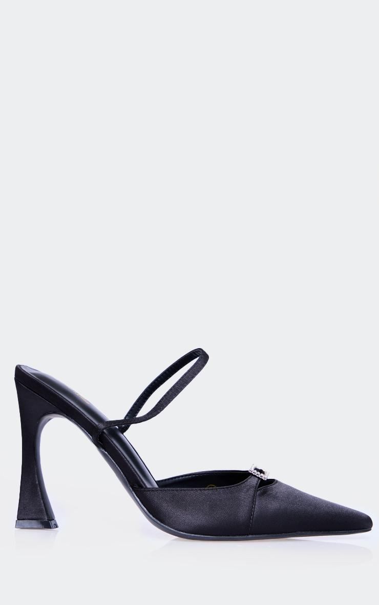 Black Satin Point Toe Diamante Buckle Sling Back High Stiletto Sandals Product Image