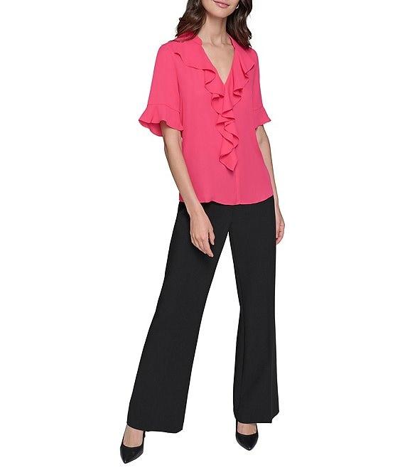 KARL LAGERFELD PARIS Ruffle Front V-Neck Short Sleeve Blouse Product Image