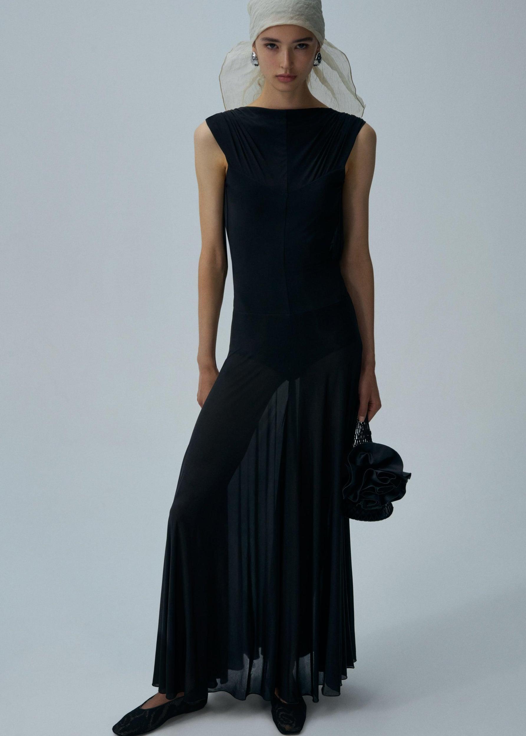 Drop waist cupro midi dress in black Product Image