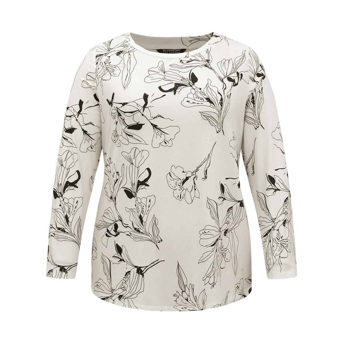 Plus Size Crew Neck Silhouette Floral Print Basic T-shirt White Women Elegant Printed Floral Round Neck Dailywear T-shirts BloomChic 30/6X Product Image