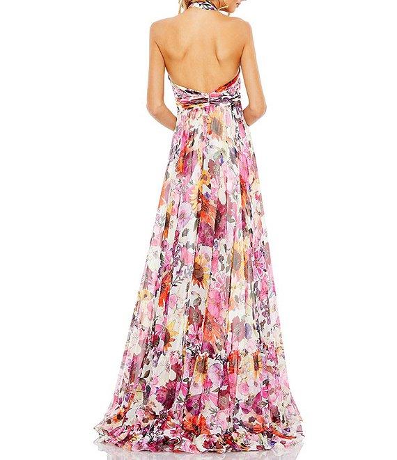 Mac Duggal Floral Halter Neck Rosette Sleeveless Gown Product Image