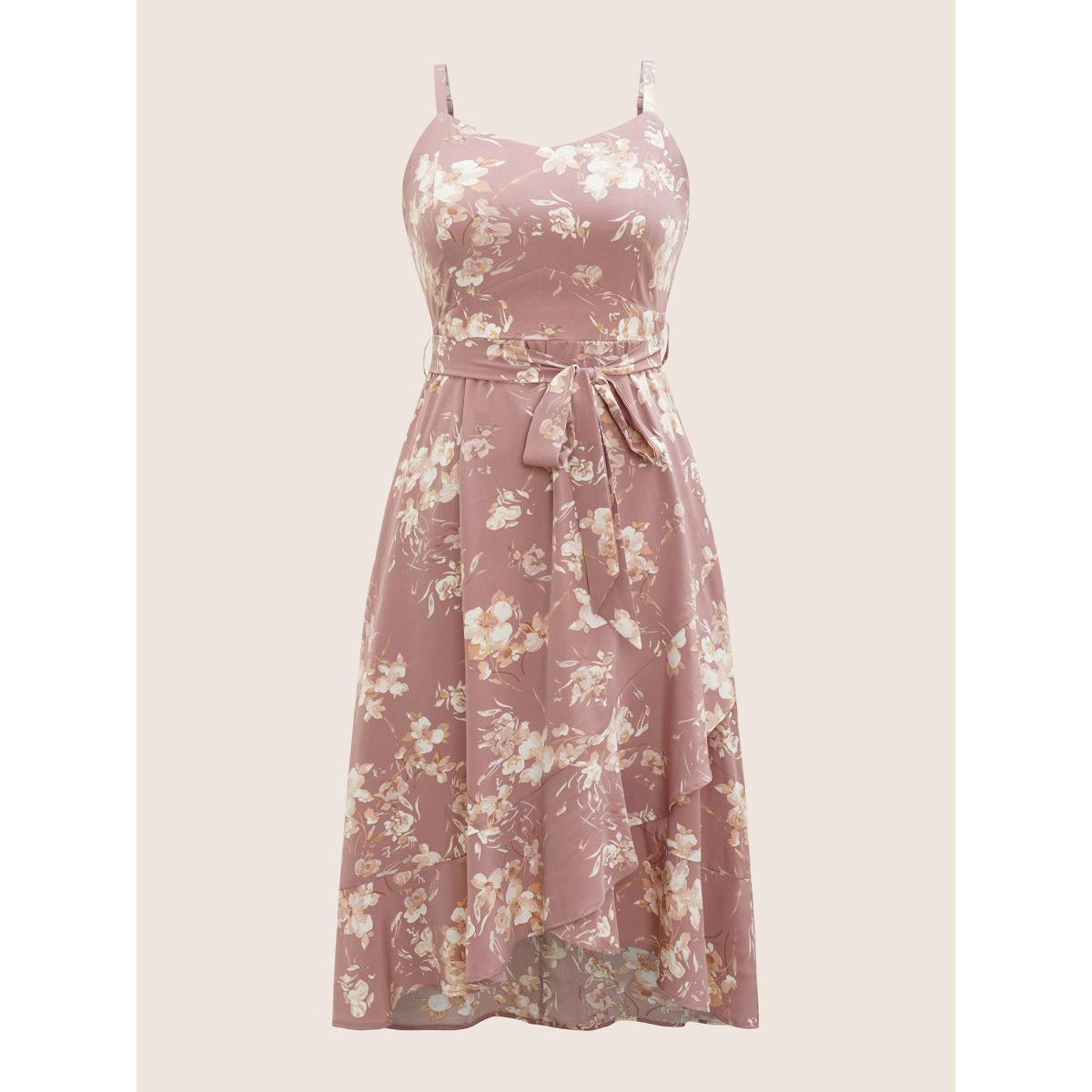 Plus Size Floral Pocket Elastic Waist Adjustable Straps Dress DustyPink Women Elegant Non Non Sleeveless Curvy Midi Dress BloomChic 12/L Product Image