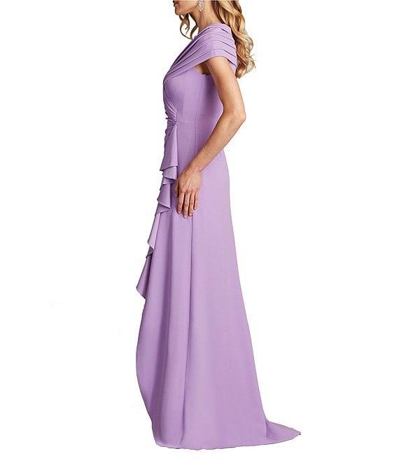 Tadashi Shoji Pleated Portrait Collar Ruffle Front Crepe Sheath Gown Product Image