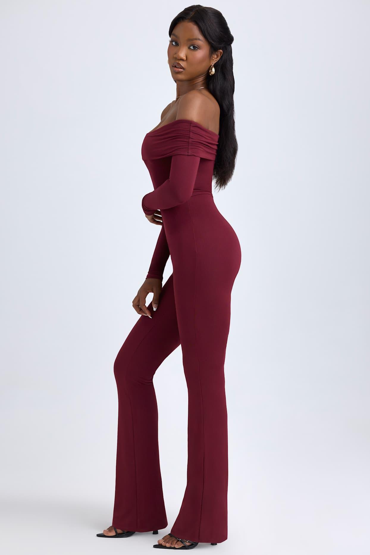 Modal Off-Shoulder Ruched Jumpsuit in Wine Red Product Image