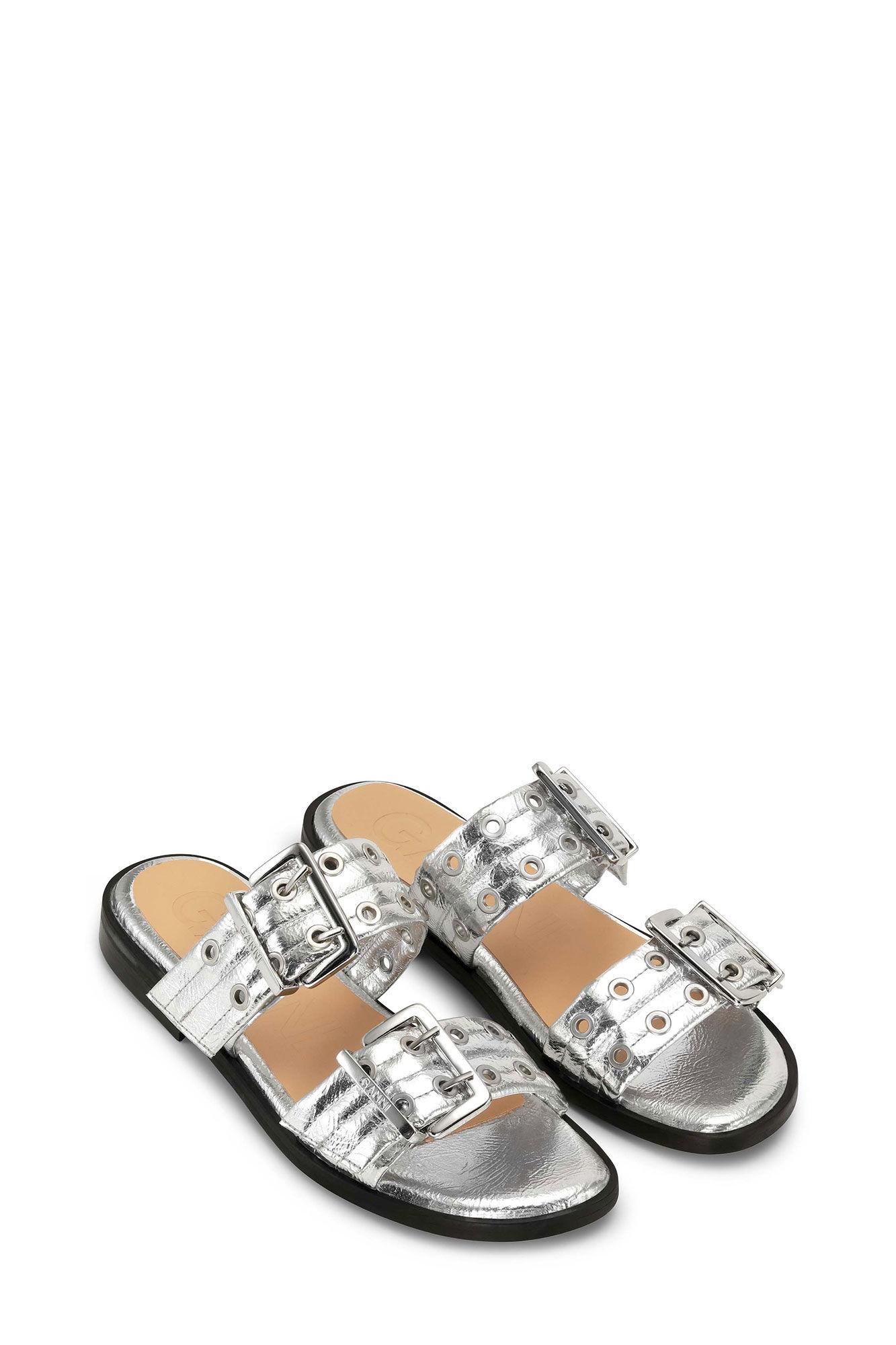 Silver Metallic Feminine Buckle Two-Strap Sandals Product Image