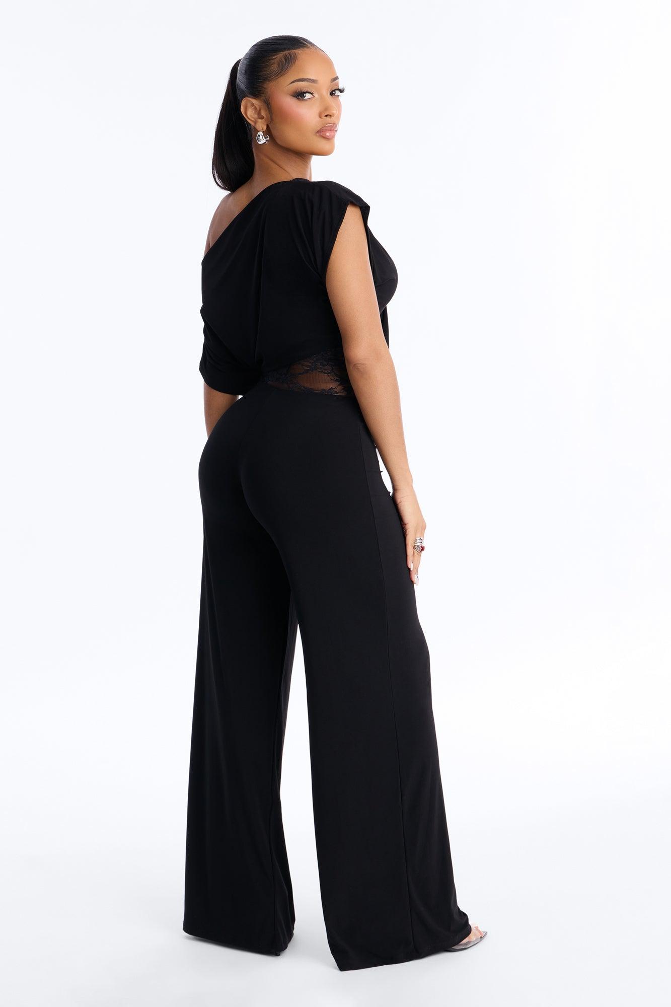 Isla Lace Trim Off Shoulder Jumpsuit - Black Female Product Image