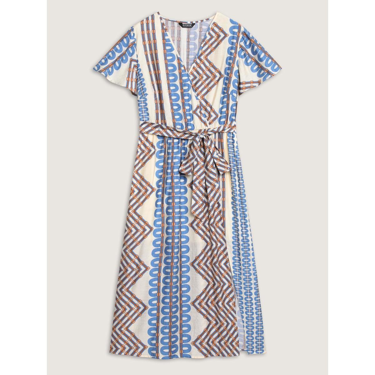 Plus Size Stripe Geometric Print Slit Maxi Dress Aegean Women Overlap Collar Sleeveless Curvy BloomChic 28/5X Product Image