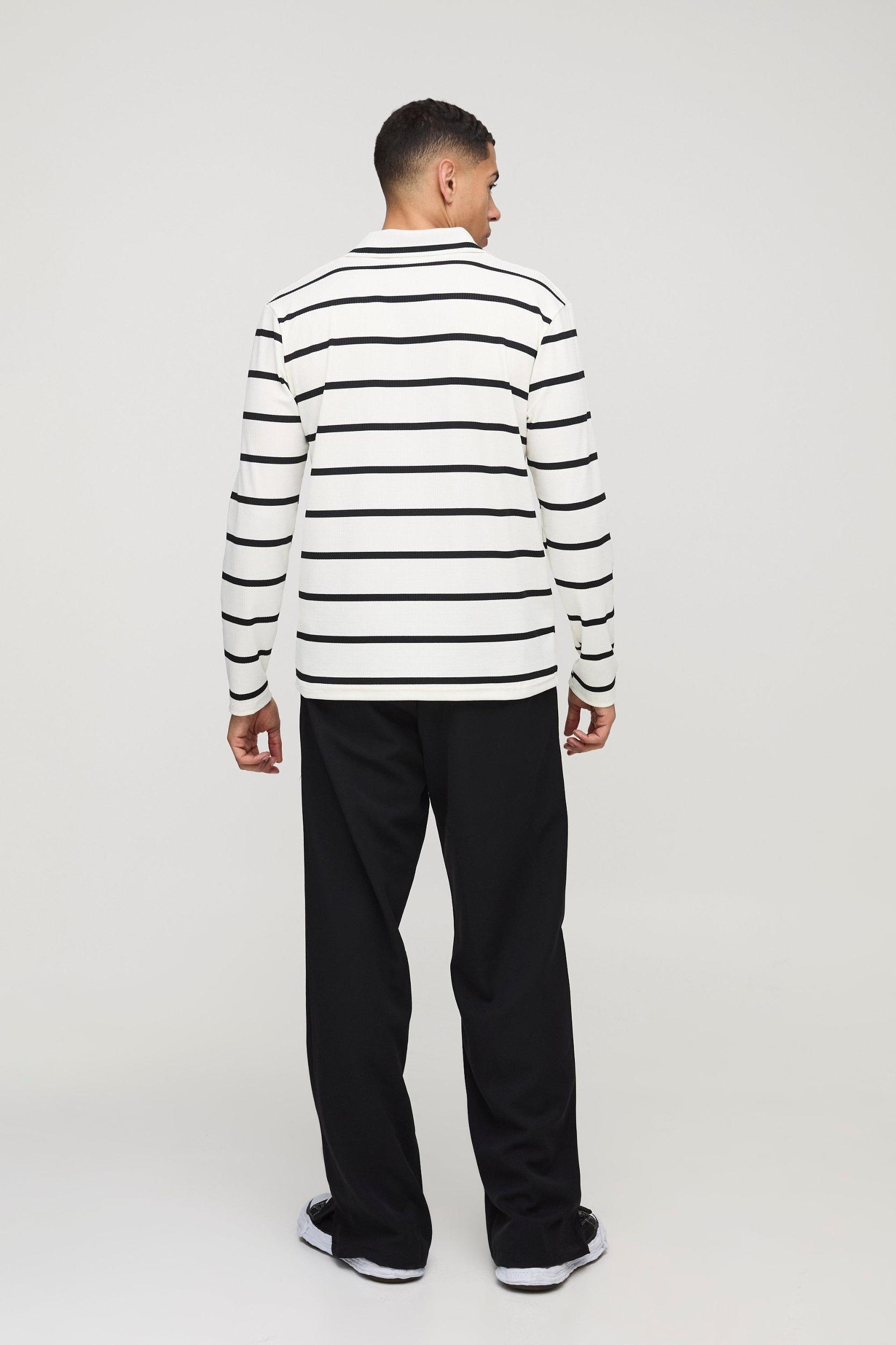 Regular Fit Long Sleeve Rib Stripe Revere Polo | boohooMAN USA Product Image